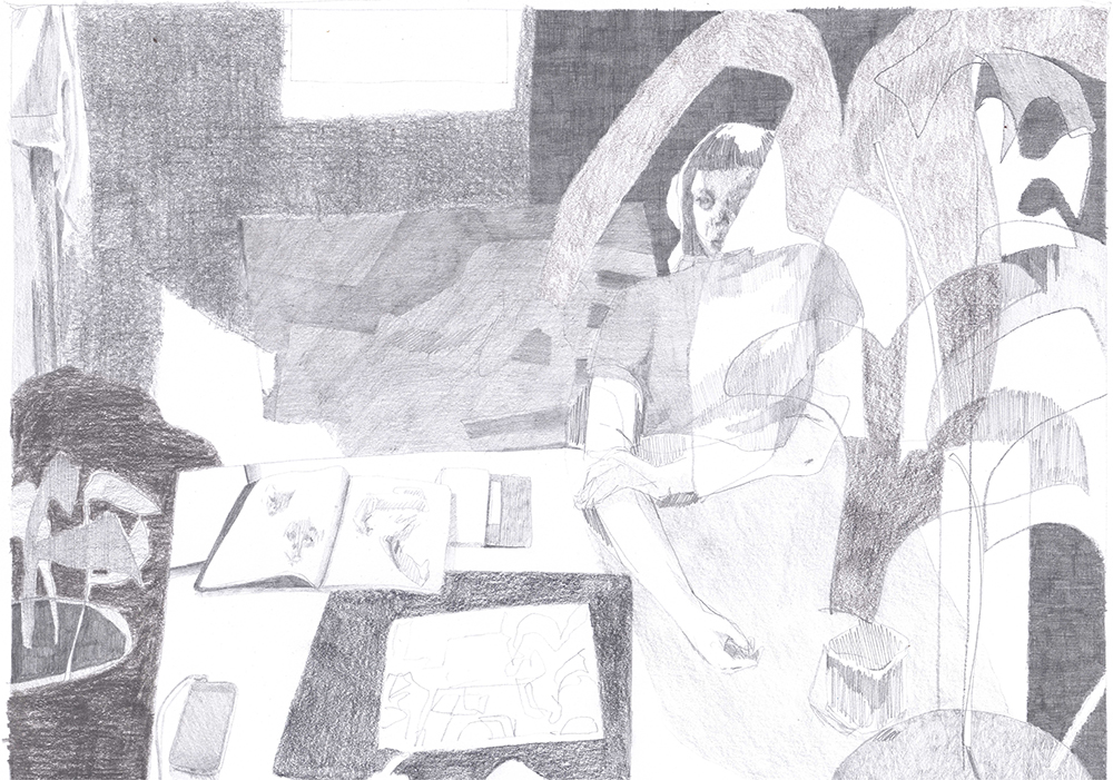 Hella Stoletzki: Wjacor / Abend, 2020,  Graphit auf Papier, 21 x 30 cm